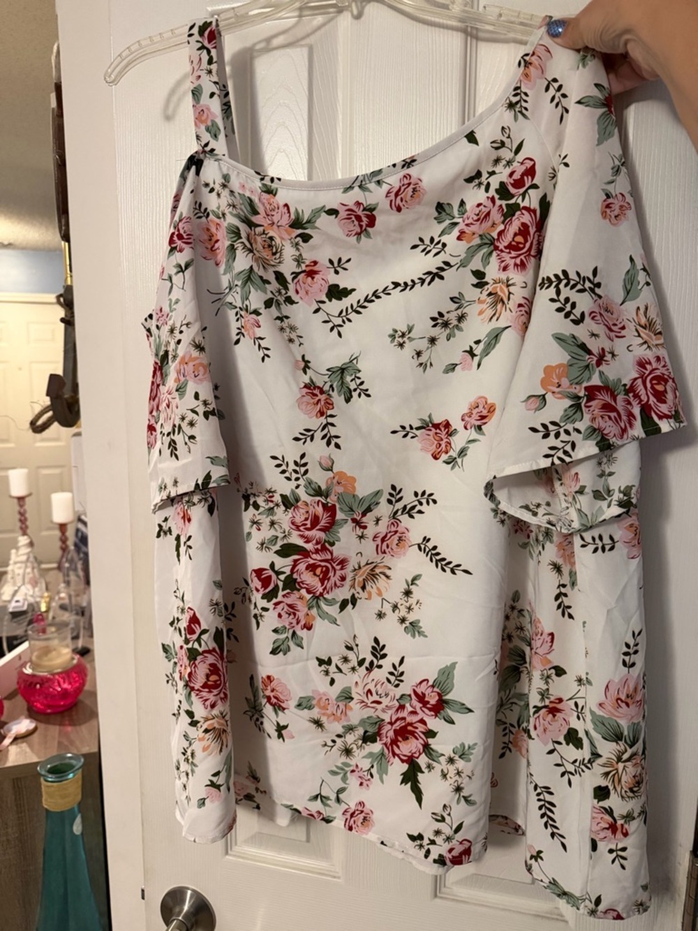 BloomChic White Floral Ruffle Top with Pink and Red Roses